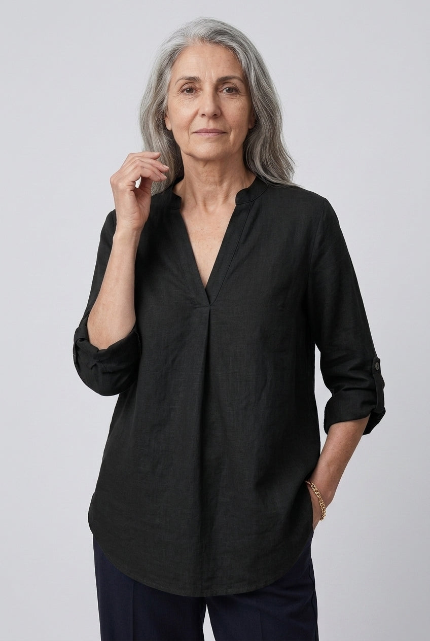 Classic V-Neck Long Sleeve Shirt for Women, Relaxed Tailored Fit Everyday Essential, for Work, Office, Casual & Layering
