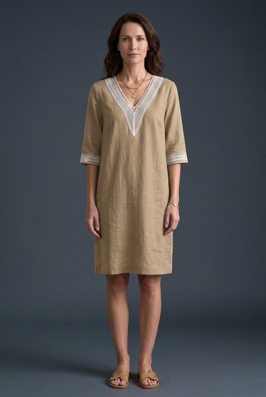 Elegant V-Neck Midi Dress for Women, Mid-Sleeve Lightweight Breathable, for Casual, Work, Brunch & Everyday Wear