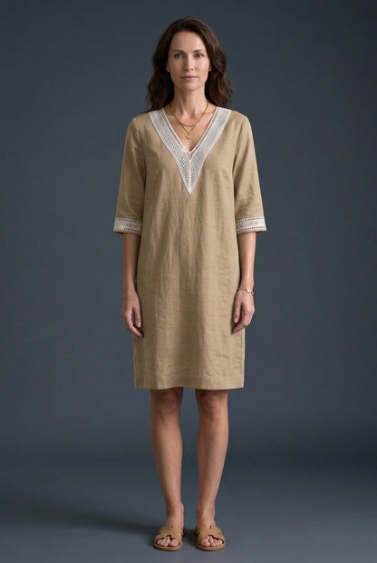 Elegant V-Neck Midi Dress for Women, Mid-Sleeve Lightweight Breathable, for Casual, Work, Brunch & Everyday Wear