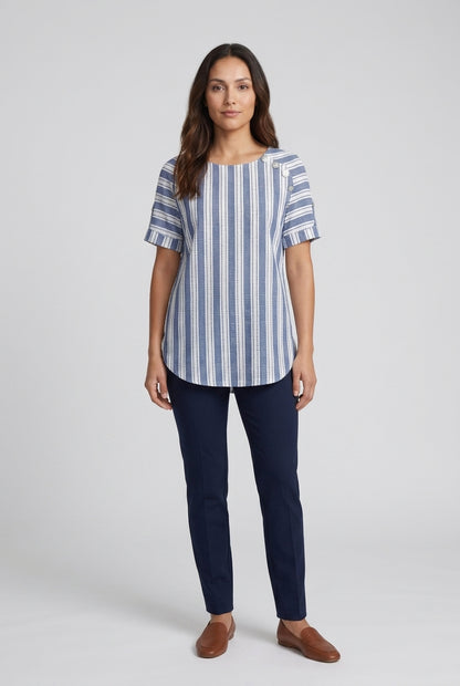 Casual Striped Blouse for Women, Cotton-Polyester Short-Sleeve Round Neck, for Summer, Spring & Everyday Wear