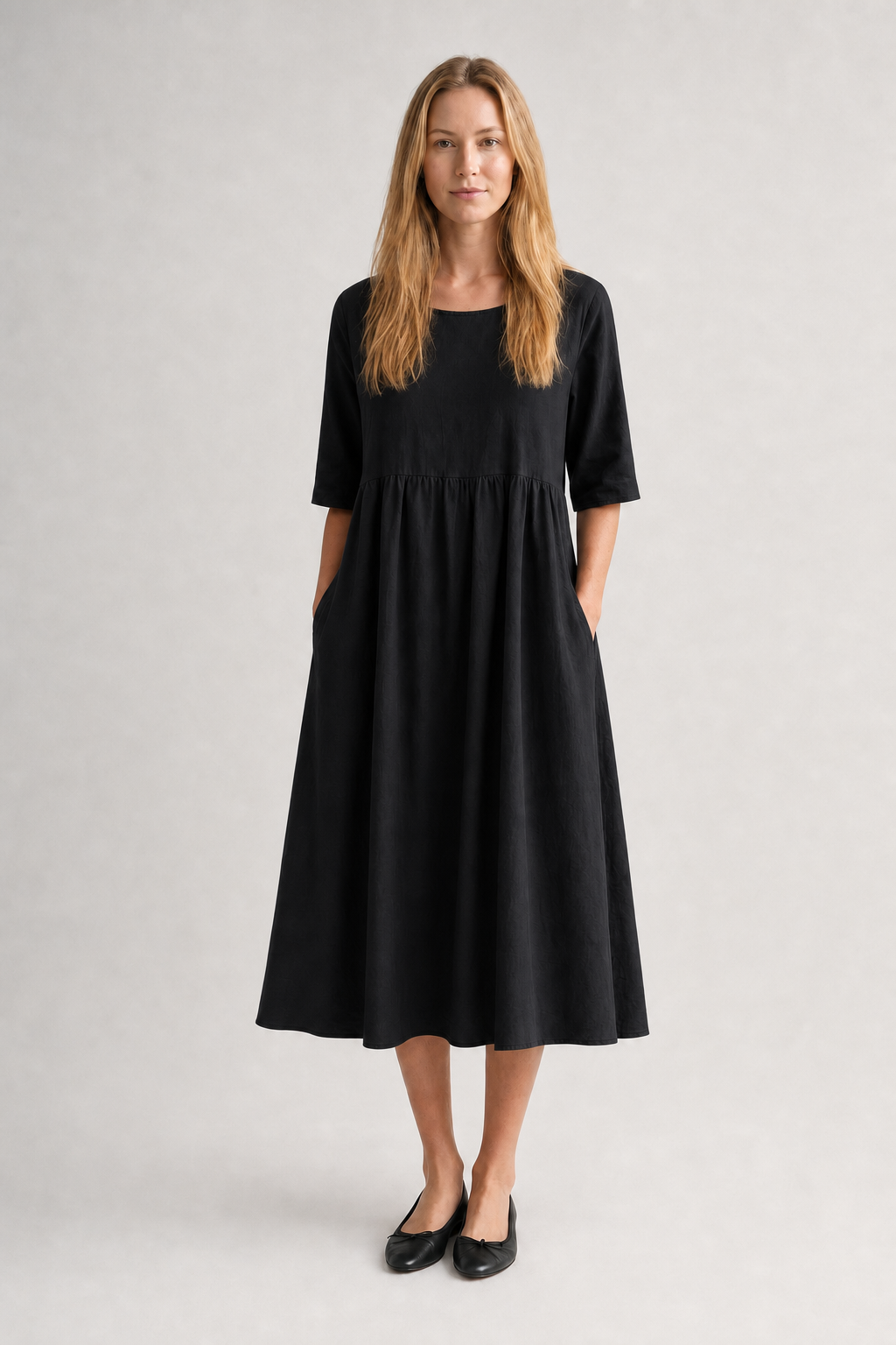 Nola | Women's Linen Gathered Waist Half-Sleeve Midi Dress