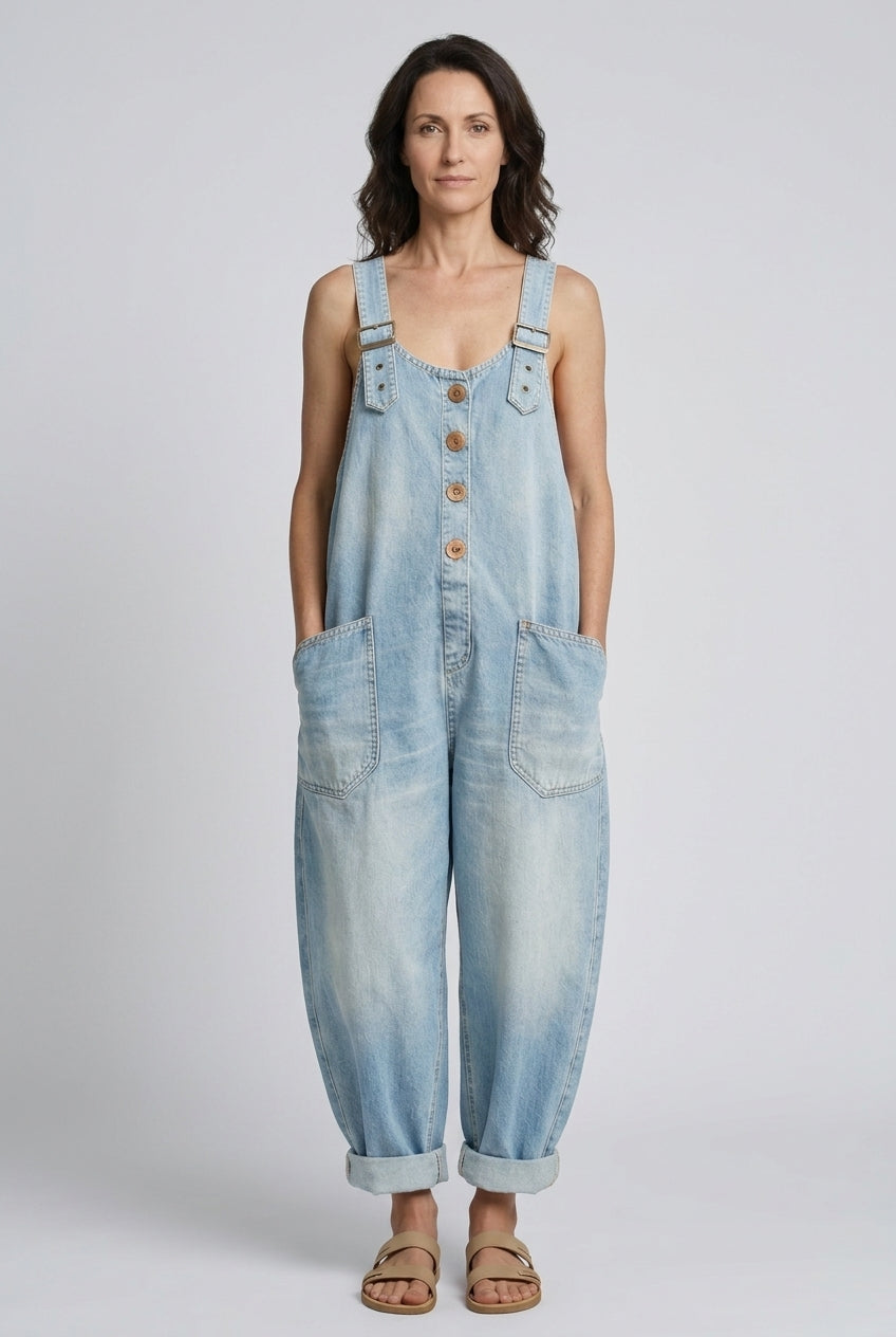 Relaxed Denim Jumpsuit for Women, Soft Long-Sleeve Wide-Leg with Pockets, for Weekend, Casual & Everyday Wear