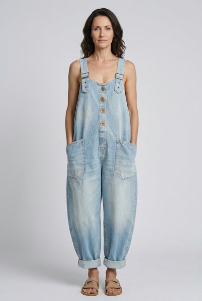 Relaxed Denim Jumpsuit for Women, Soft Long-Sleeve Wide-Leg with Pockets, for Weekend, Casual & Everyday Wear