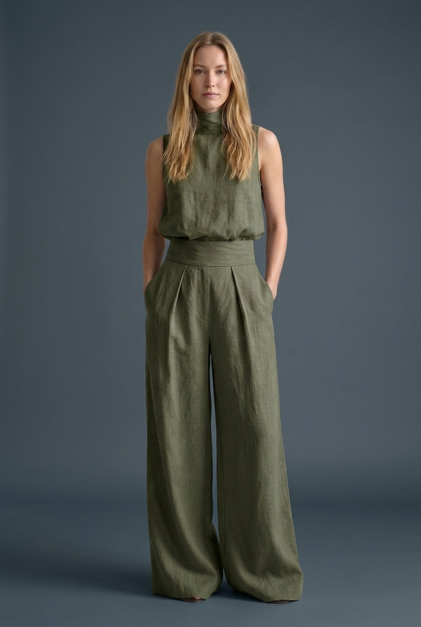 Elegant Sleeveless Trouser Set for Women, Wide-Leg Relaxed Fit Minimalist Coordinated Top & Trousers, for Summer, Work, 