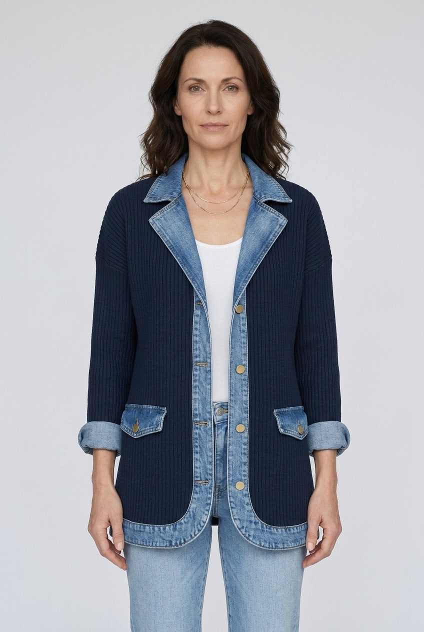 Elegant Layered Collar Button Jacket for Women, Soft Knit Denim-Inspired Mixed Texture Open-Front, for Work, Casual, Eve