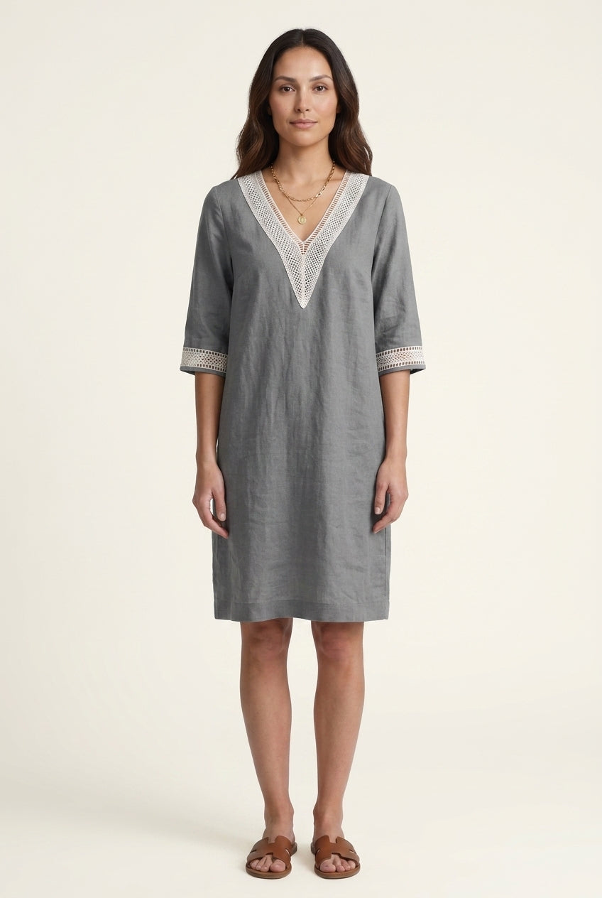Elegant V-Neck Midi Dress for Women, Mid-Sleeve Lightweight Breathable, for Casual, Work, Brunch & Everyday Wear