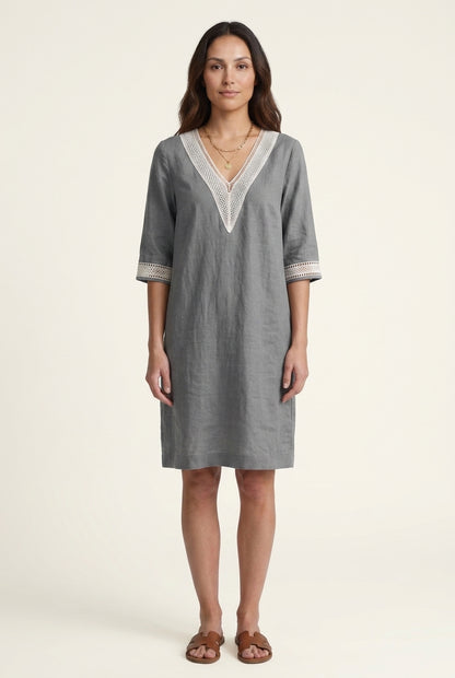 Elegant V-Neck Midi Dress for Women, Mid-Sleeve Lightweight Breathable, for Casual, Work, Brunch & Everyday Wear