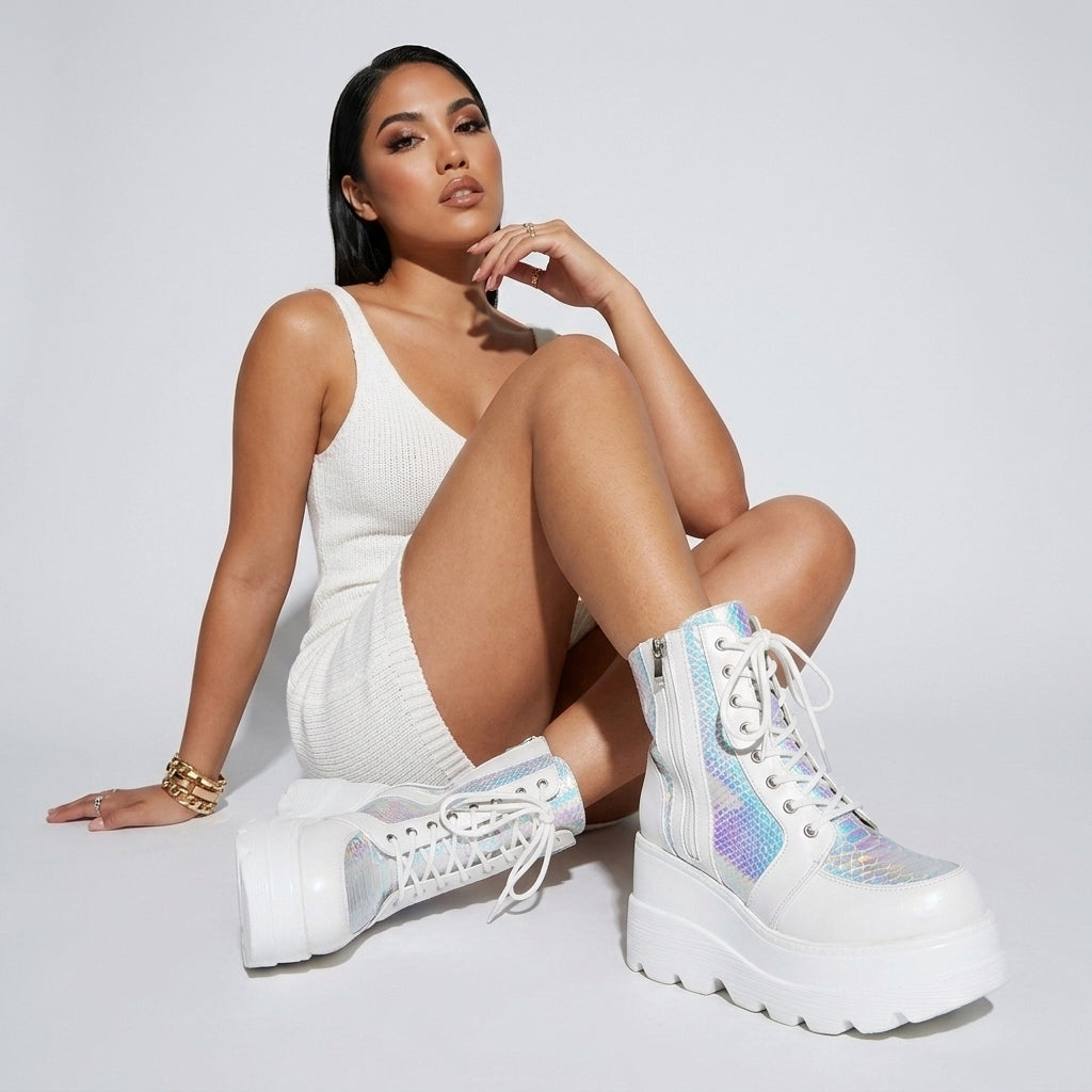 Colette Delyth | Iridescent Holographic Platform Boots