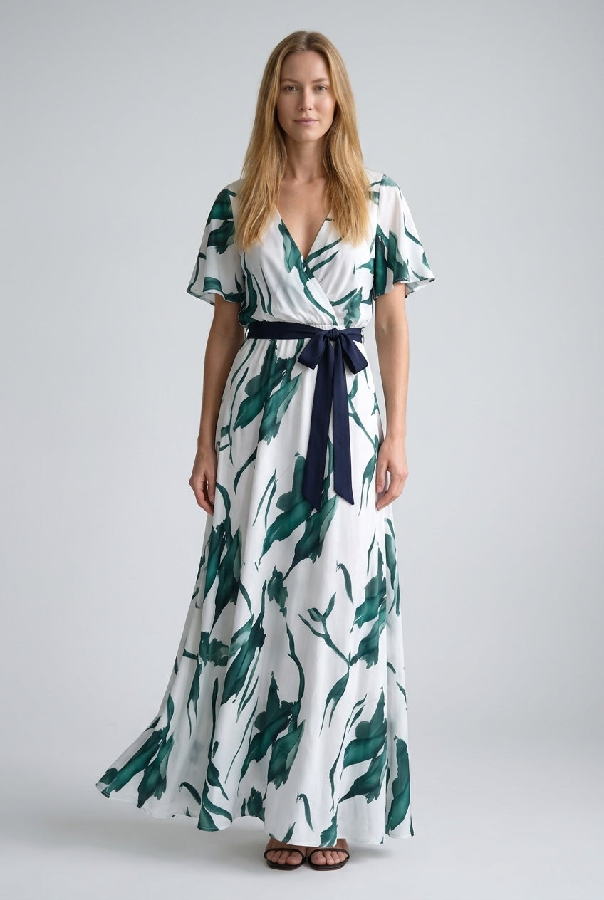 Watercolor Print Long Dress for Women, V-Neck Tie-Waist Lightweight Silk-Blend, for Weddings, Evening & Vacation