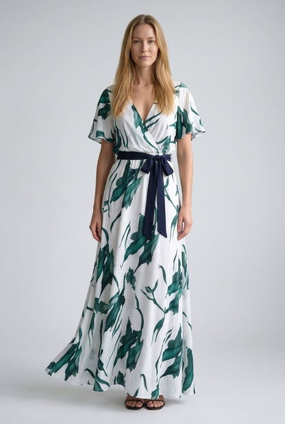 Watercolor Print Long Dress for Women, V-Neck Tie-Waist Lightweight Silk-Blend, for Weddings, Evening & Vacation