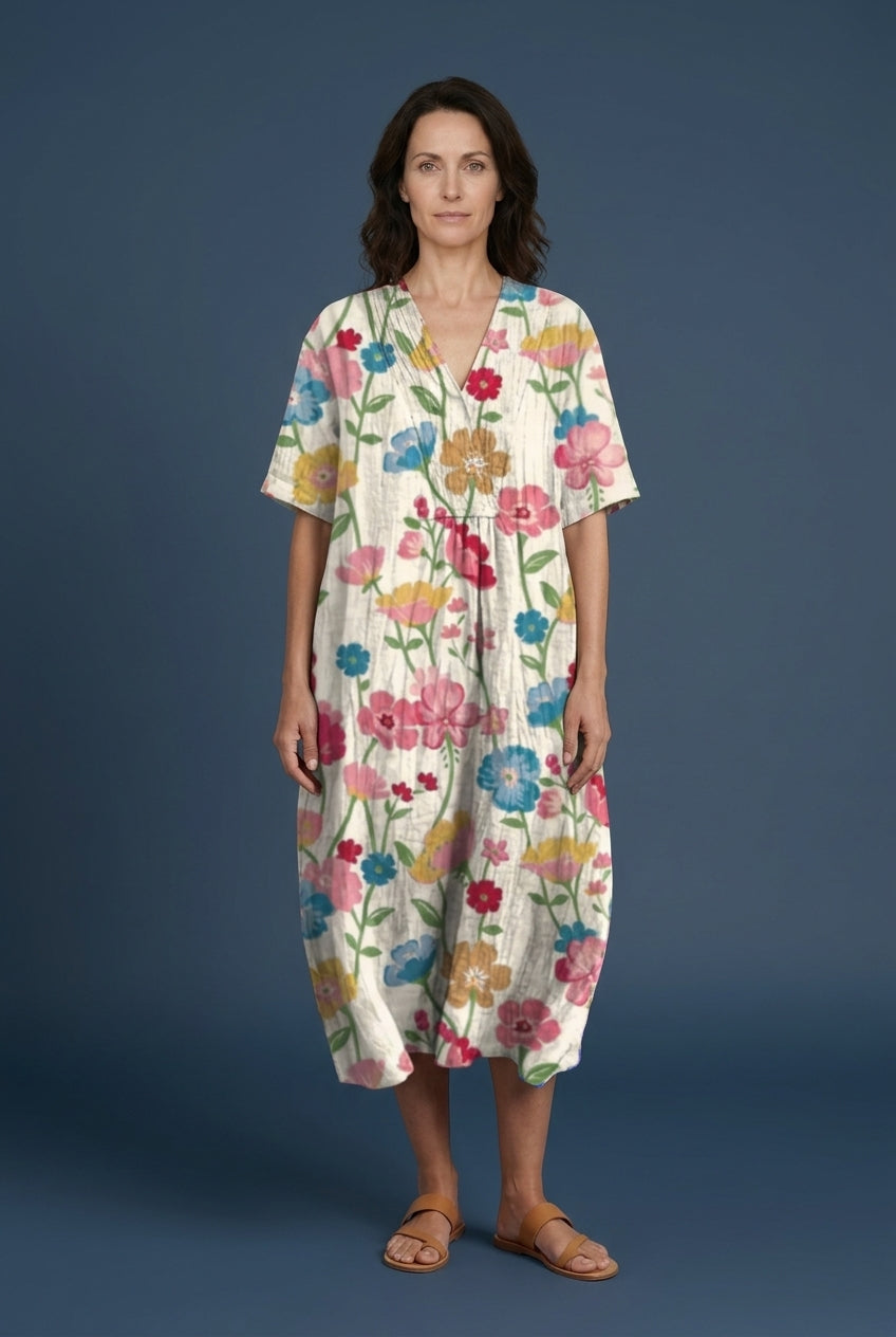 Vibrant Multicolour V-Neck Dress for Women, Lightweight Cotton-Linen Blend, for Summer, Casual & Party Wear