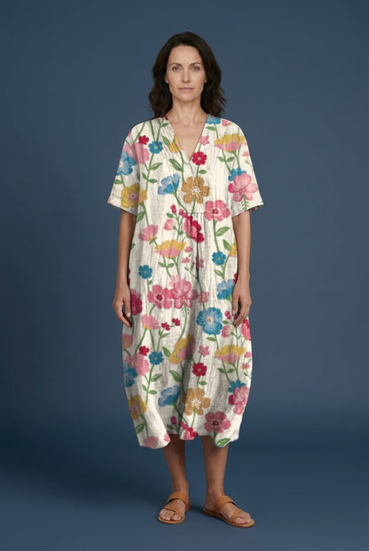 Vibrant Multicolour V-Neck Dress for Women, Lightweight Cotton-Linen Blend, for Summer, Casual & Party Wear