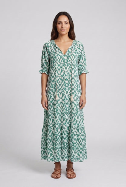 Boho A-Line Dress for Women, Lantern Sleeve V-Neck Geometric Print, for Vacation, Casual, Date Night & Everyday