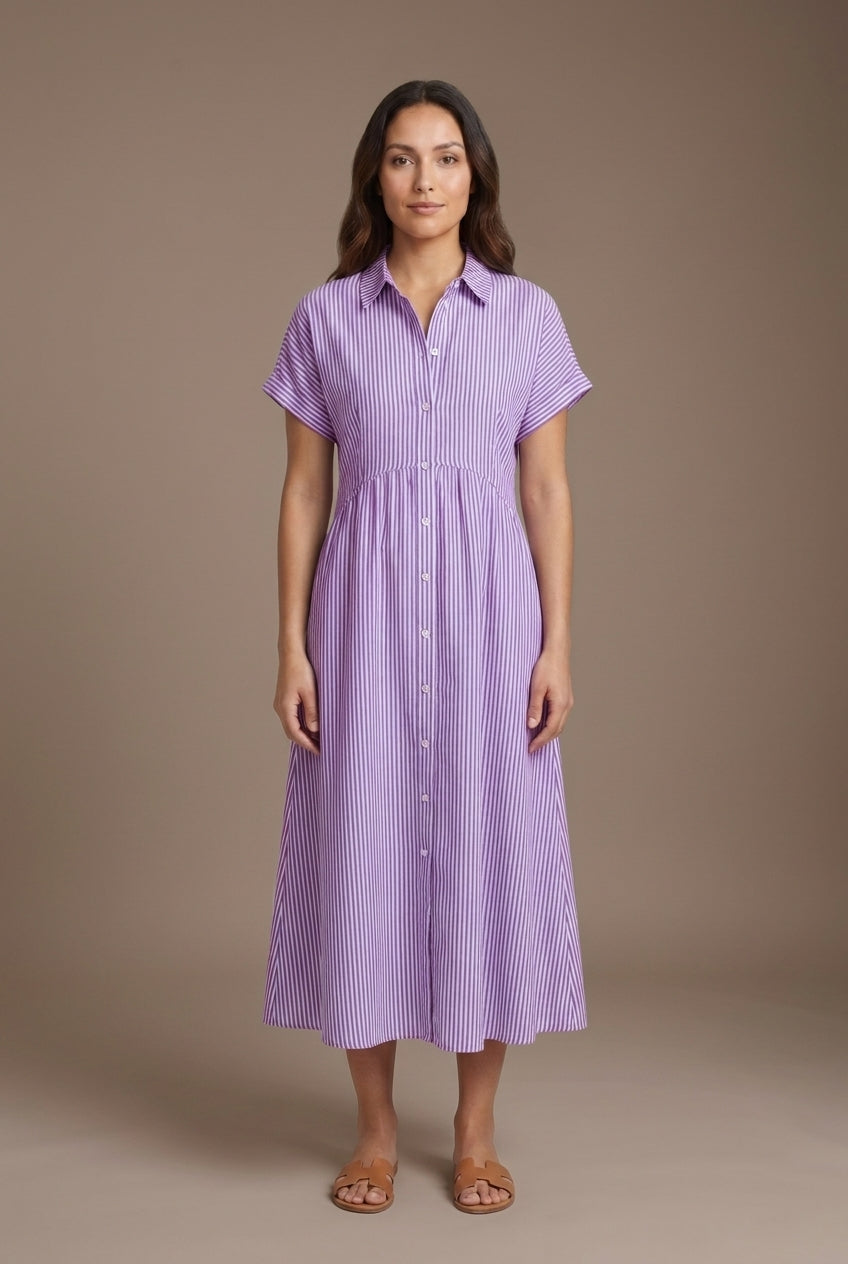 Elegant Cotton Maxi Dress for Women, Short-Sleeve Shirt Collar Button-Front Fitted Waist, for Summer, Vacation, Brunch &