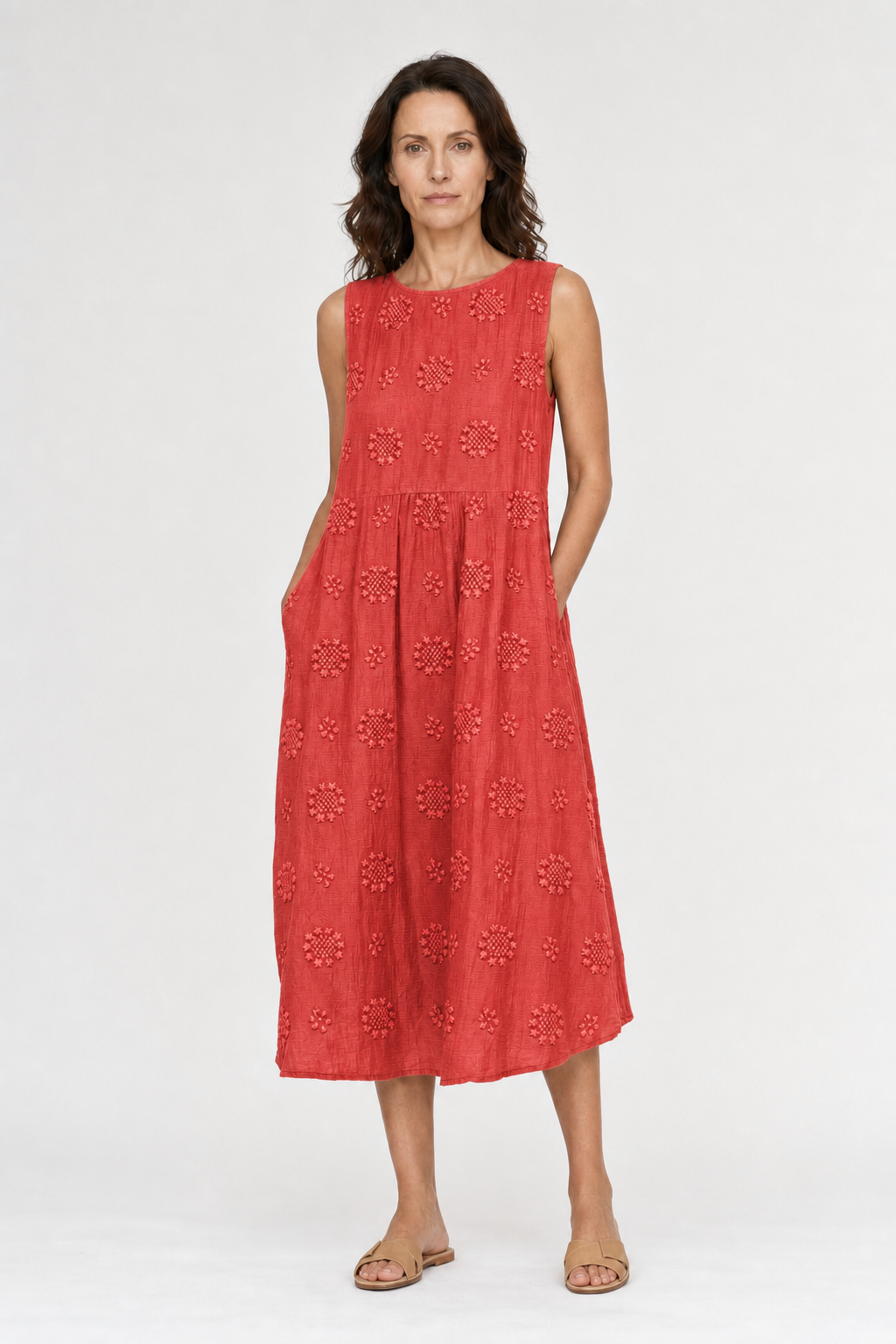 Lena | Women's Cotton Embroidered Sleeveless Midi Dress