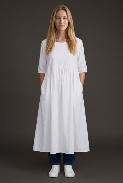 Classic Mid Sleeve Dress for Women, Cotton Relaxed Fit Round Neckline with Pockets, for Spring, Summer & Everyday Wear