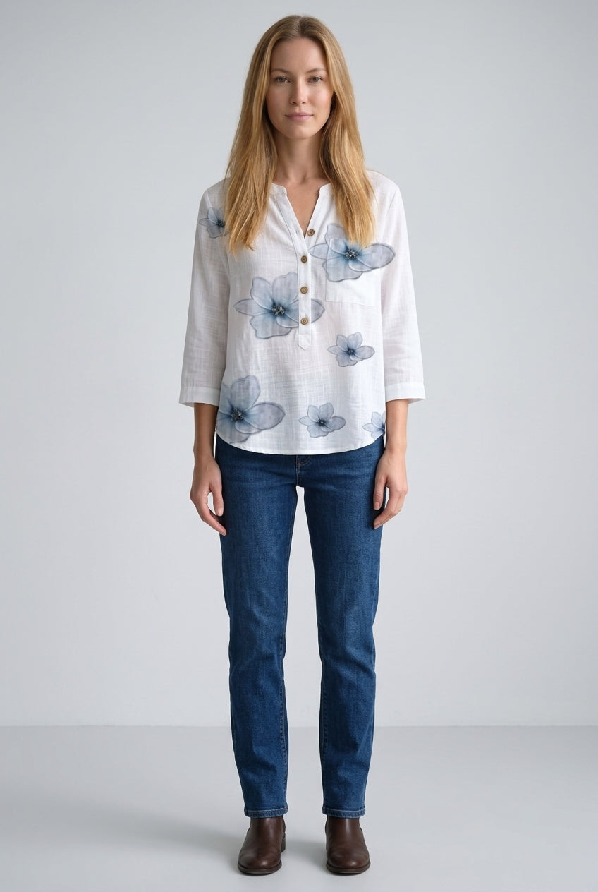 Women's Floral Front-Button 3/4 Sleeve Casual Top