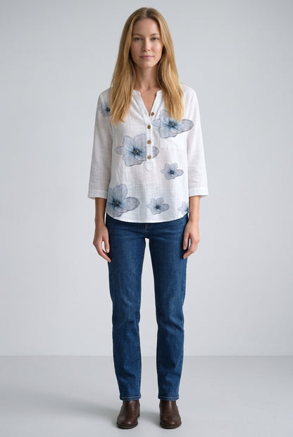 Women's Floral Front-Button 3/4 Sleeve Casual Top