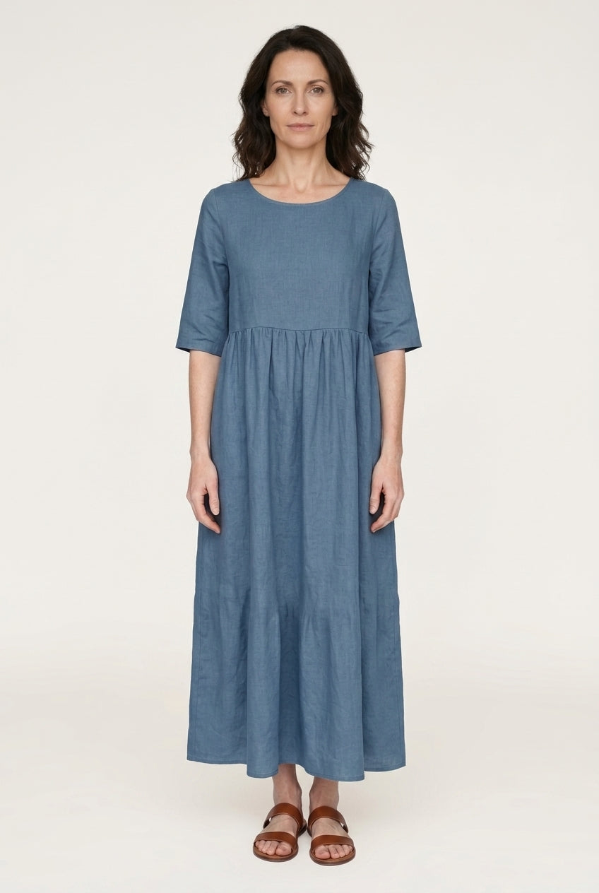 Classic Mid Sleeve Dress for Women, Cotton Relaxed Round Neckline with Pockets, for Spring, Summer & Everyday Wear
