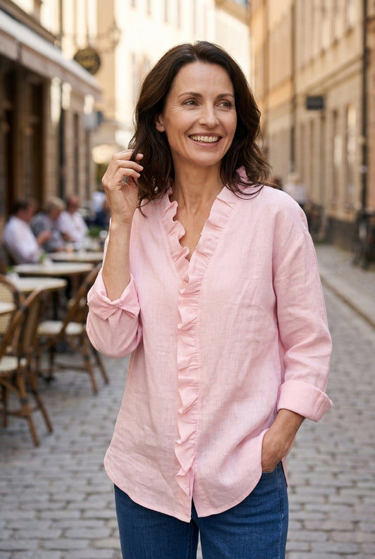 Elegant V-Neck Blouse for Women, Ruffled Long-Sleeve Lightweight, for Office, Brunch, Casual & Everyday Wear