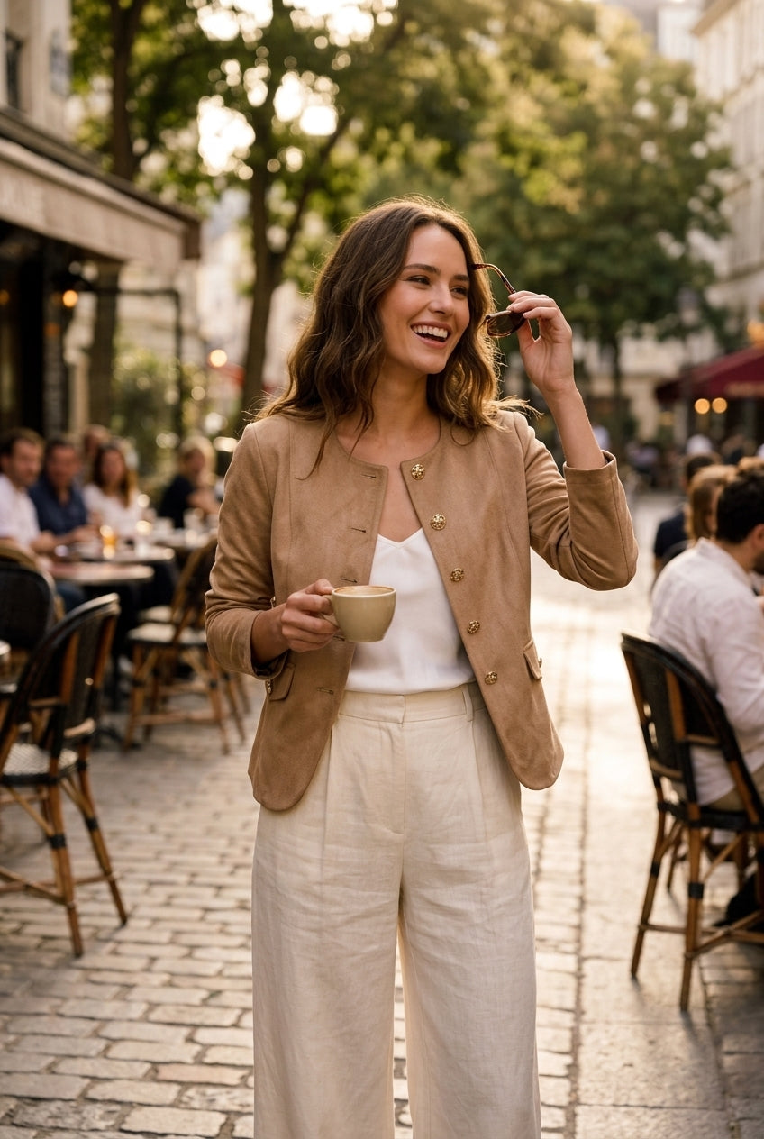 Alda | Women's Collarless Gold Button Long Sleeve Tailored Jacket