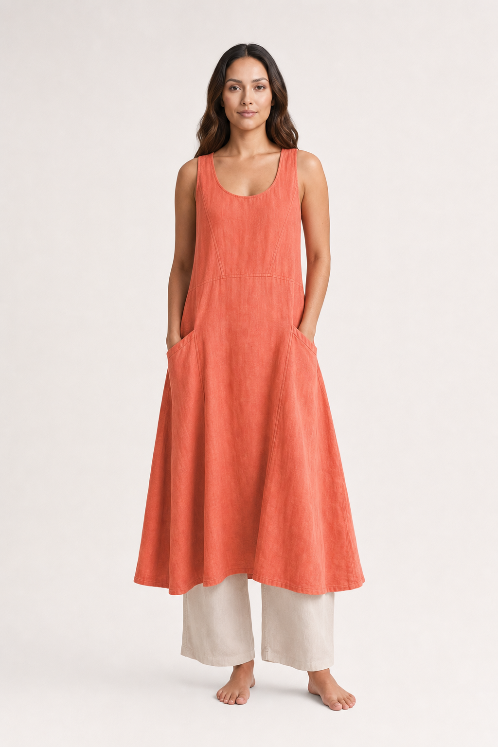 Elia | Women's Linen Sleeveless Pocket Scoop-Neck Midi Dress