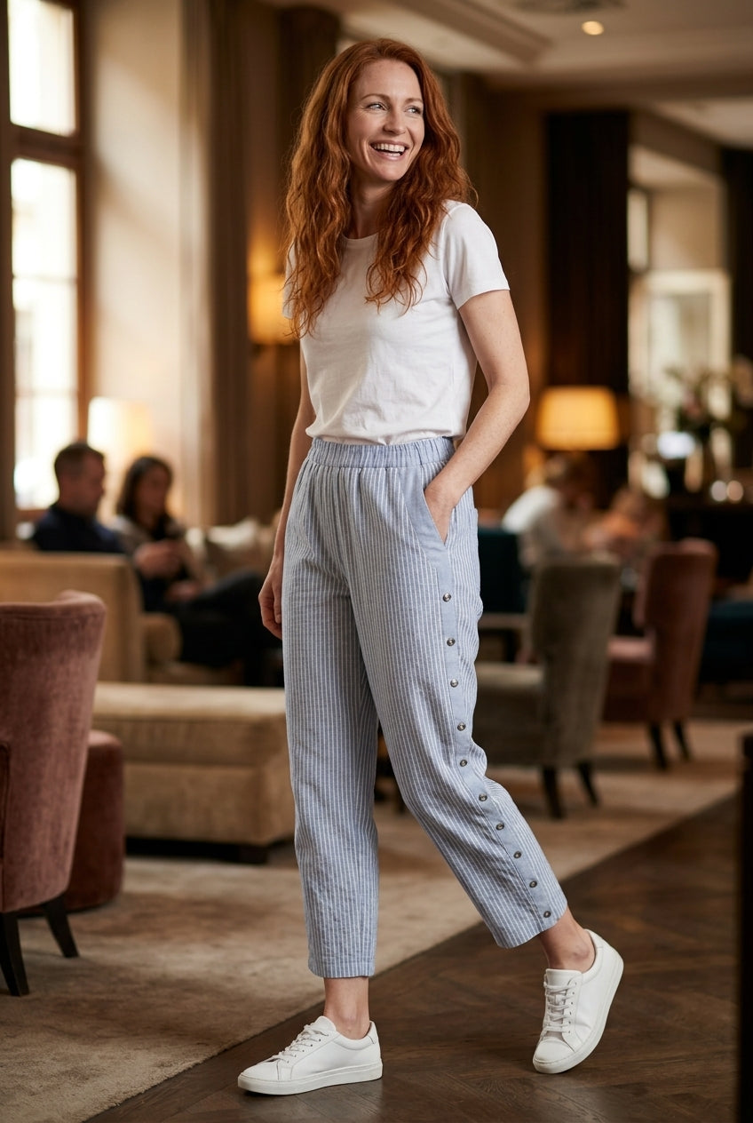 Casual Striped Cotton Women's Trousers with Pockets