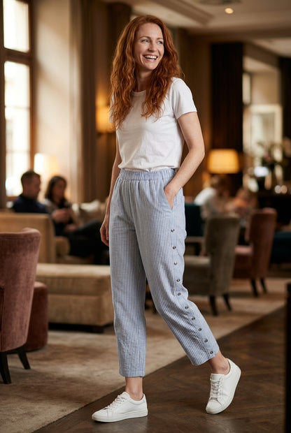 Casual Striped Cotton Women's Trousers with Pockets