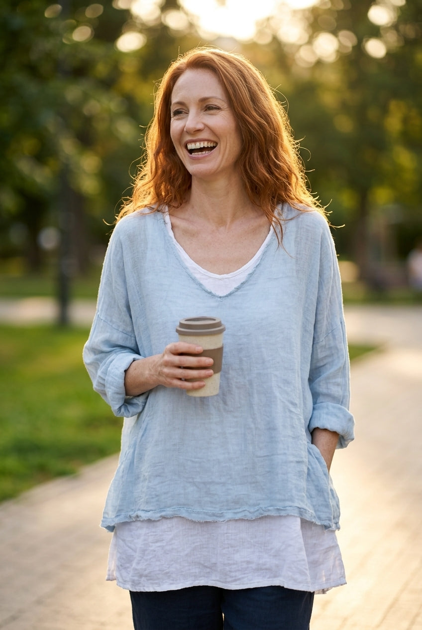 Relaxed Layered Long Sleeve Top for Women, V-Neck Rayon Flowy Fit, for Casual, Travel, Everyday & Loungewear