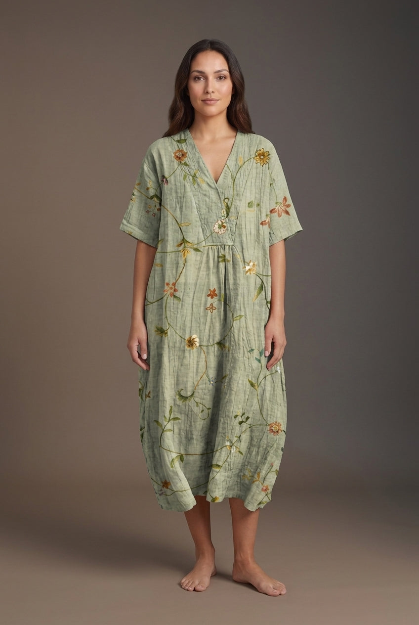 Vibrant Multicolour V-Neck Dress for Women, Lightweight Cotton-Linen Blend, for Summer, Casual & Party Wear