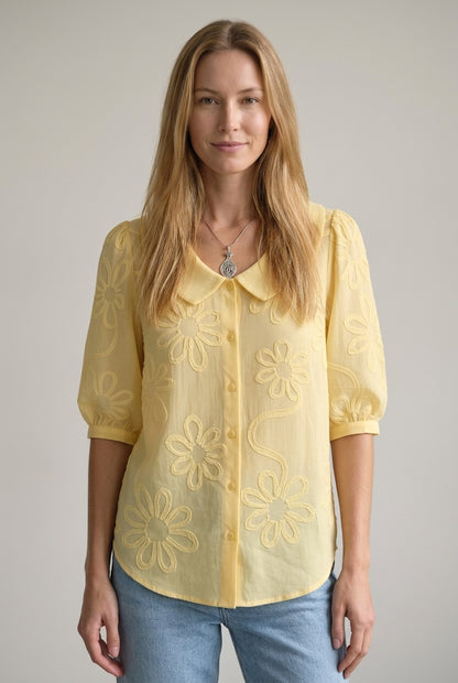 Embroidered Floral Blouse for Women, Cotton Blend Short-Sleeve Round Neckline Button-Down, for Work, Casual, Everyday & 