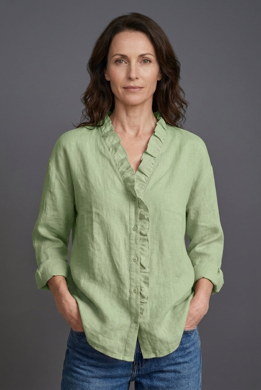 Lightweight V-Neck Blouse for Women, Ruffled Long-Sleeve Relaxed Fit, for Office, Casual & Everyday Wear