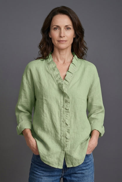 Lightweight V-Neck Blouse for Women, Ruffled Long-Sleeve Relaxed Fit, for Office, Casual & Everyday Wear