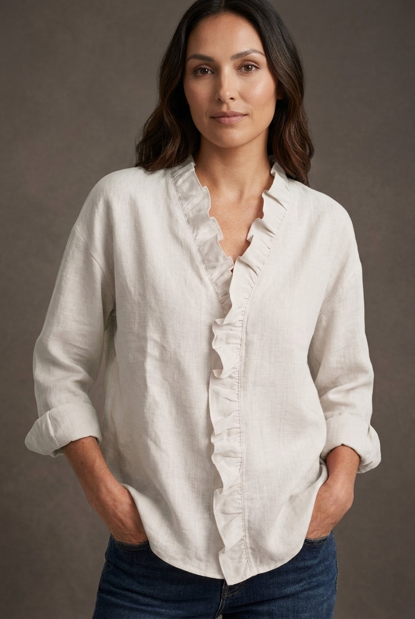 Elegant V-Neck Blouse for Women, Ruffled Long-Sleeve Lightweight, for Office, Brunch, Casual & Everyday Wear