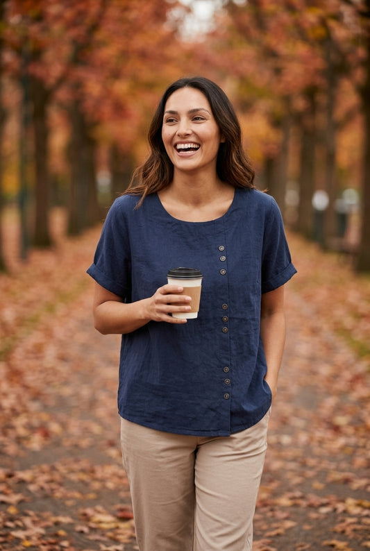 Casual Short Sleeve Cotton Blouse for Women, Loose Fit Round Neck with Side Buttons, for Summer, Everyday Wear & Vacatio