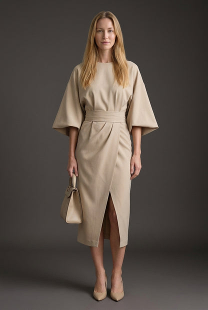 Elegant Lantern Sleeve Dress for Women, Lightweight Flowing Fabric Waist-Defining Belt, for Formal Events, Celebrations 