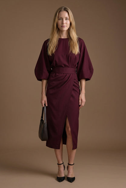 Elegant Lantern Sleeve Dress for Women, Lightweight Flowing Fabric Waist-Defining Belt, for Formal Events, Celebrations 