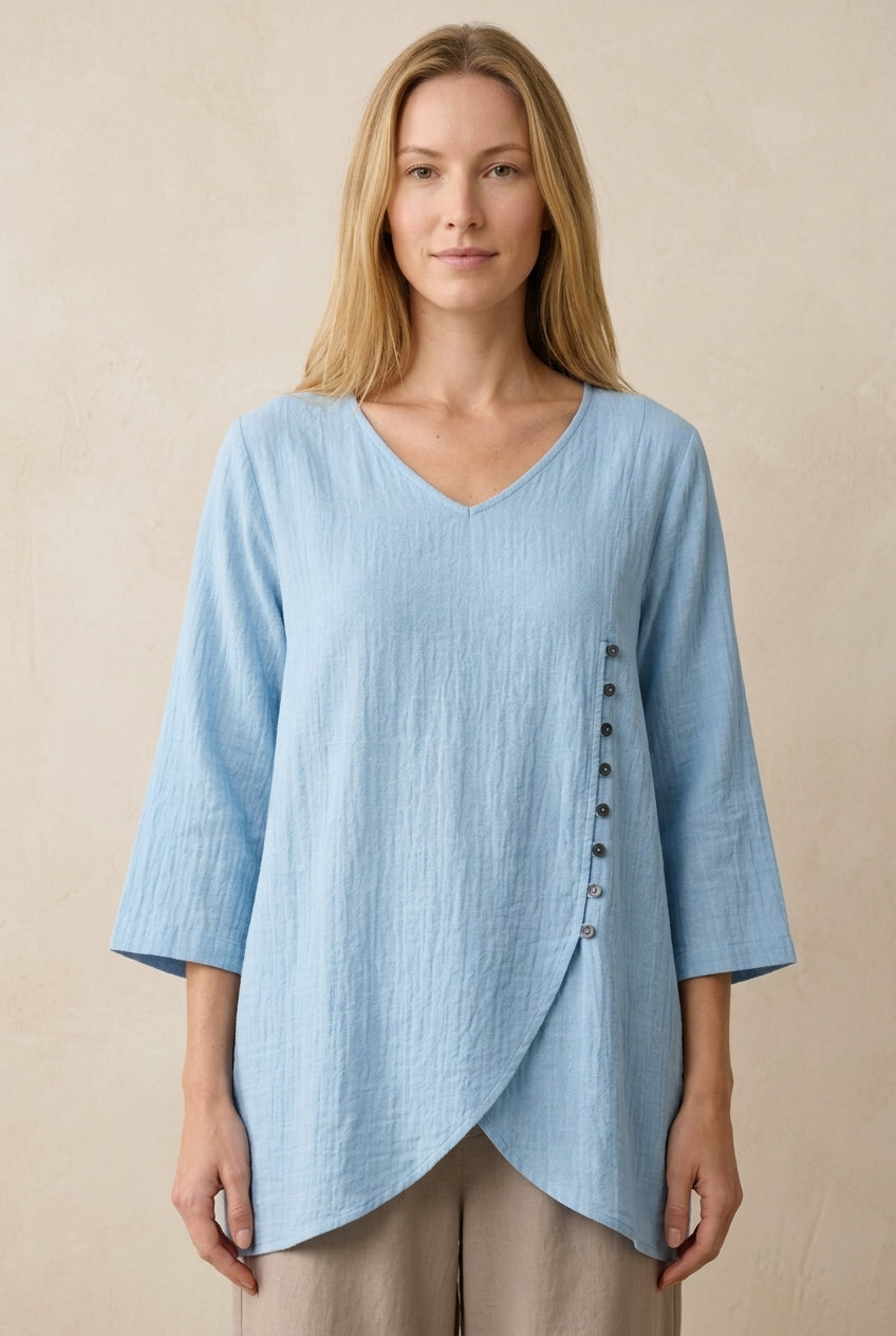 Elegant V-Neck Blouse for Women, Half-Sleeve Rayon Linen Button-Trim Asymmetric Hem, for Work, Casual, Brunch & Summer W