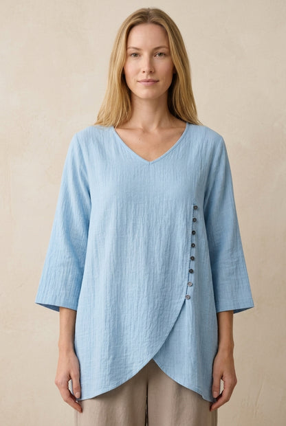 Elegant V-Neck Blouse for Women, Half-Sleeve Rayon Linen Button-Trim Asymmetric Hem, for Work, Casual, Brunch & Summer W