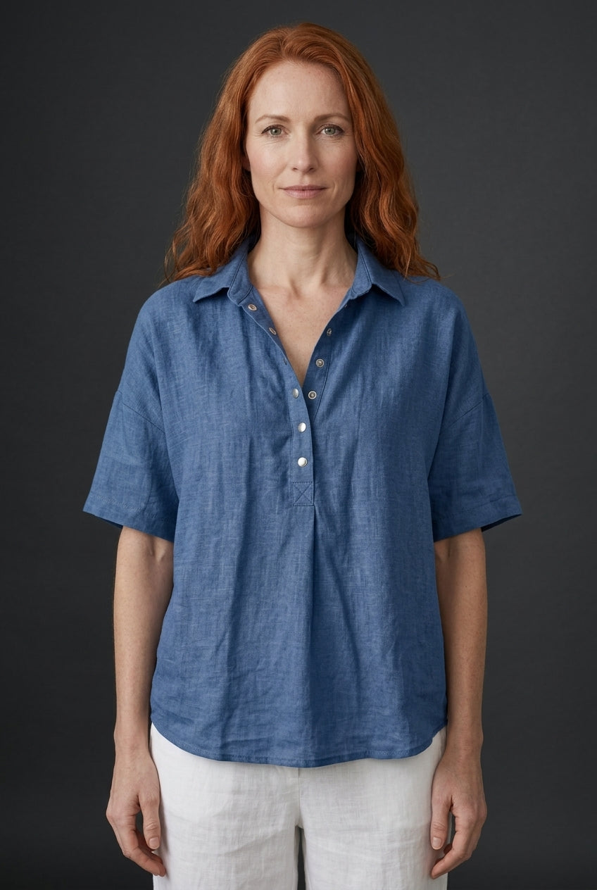Relaxed Button-Up Collar Shirt for Women, Lightweight Breathable Fabric Collared Design, for Casual, Everyday & Spring W