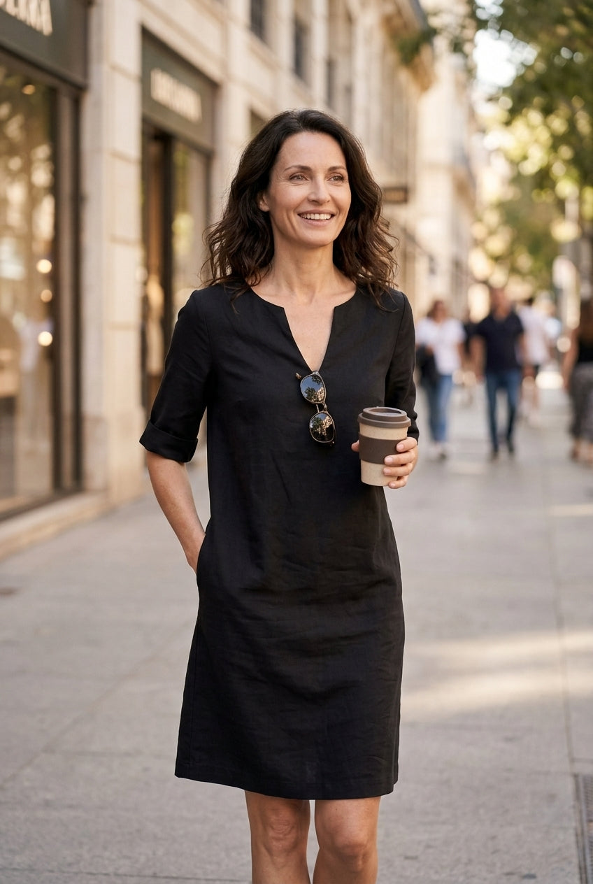 Elegant A-Line Dress for Women, V-Neck Mid-Sleeve Silk-Chiffon Blend, for Work, Casual, Special Occasions & Everyday Wea