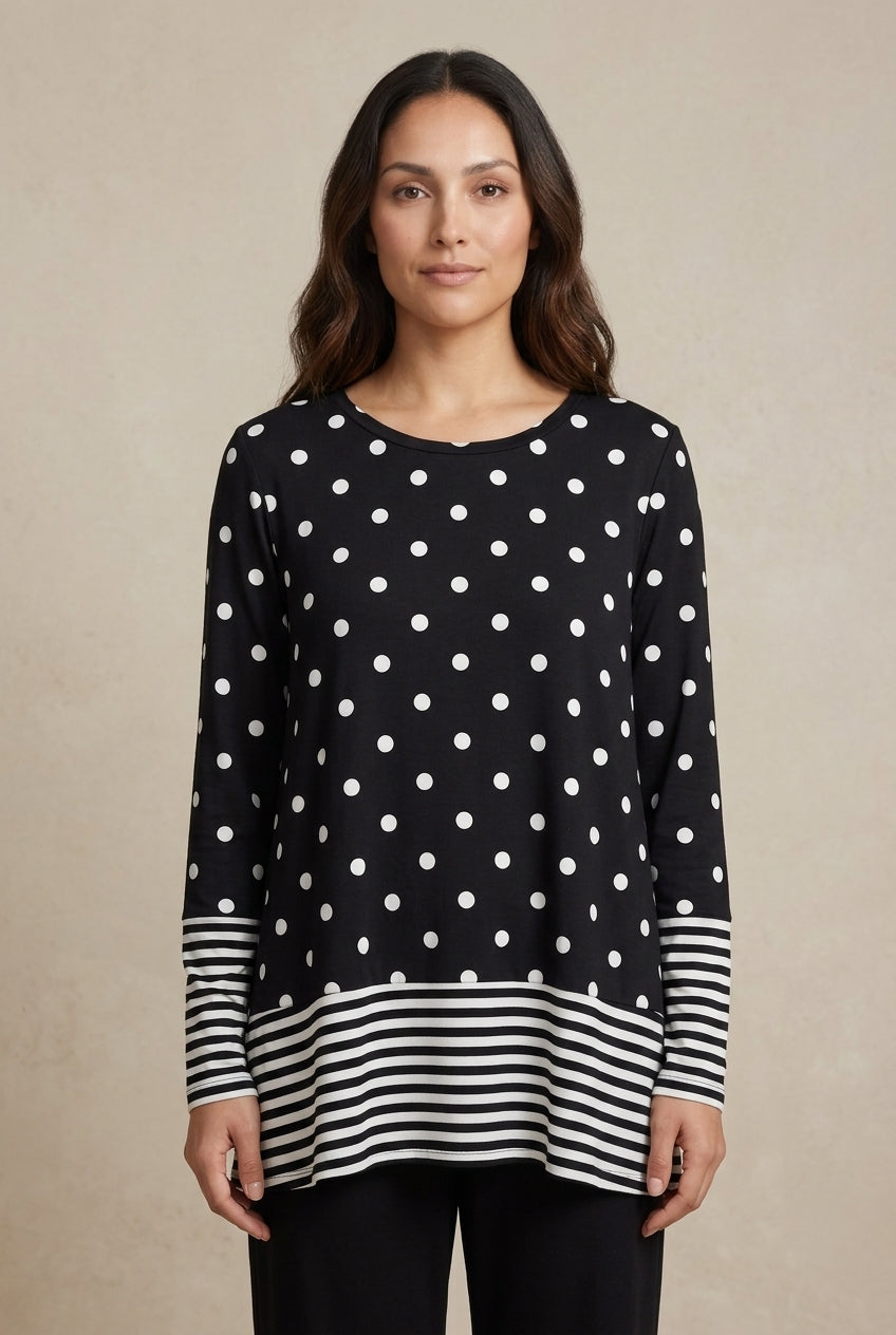 Playful Polka Dot Stripe Tunic T-Shirt for Women, Long-Sleeve Crew Neck Cotton Polyester Blend, for Summer, Casual & Eve