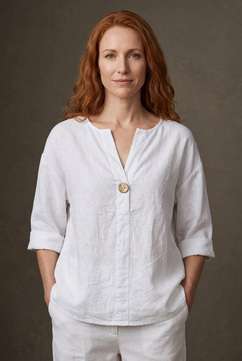 Relaxed Cotton Blouse for Women, 3/4 Sleeve V-Neck Single Button, for Summer, Casual & Everyday Wear