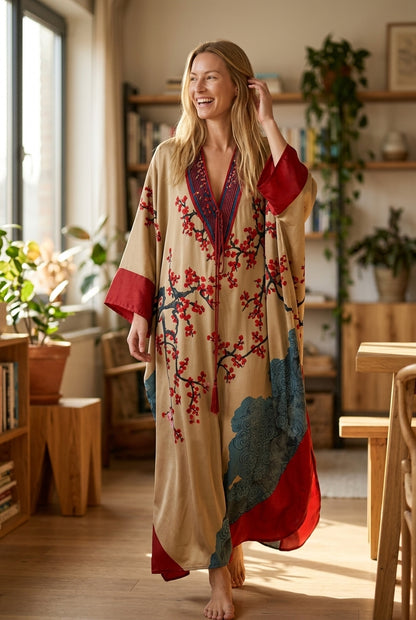 Japanese Plum Blossom Maxi Dress for Women, Batwing Sleeve Lightweight Flowing, for Beach, Holiday, Evening & Everyday W