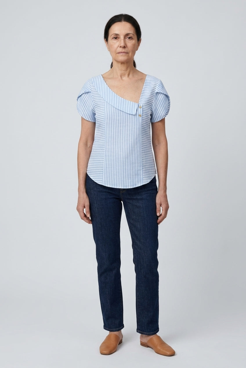 Striped Short Sleeve Blouse for Women, Diagonal Neckline Button Detail, for Work, Brunch, Summer & Everyday Wear