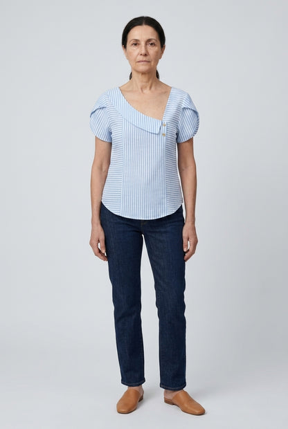 Striped Short Sleeve Blouse for Women, Diagonal Neckline Button Detail, for Work, Brunch, Summer & Everyday Wear