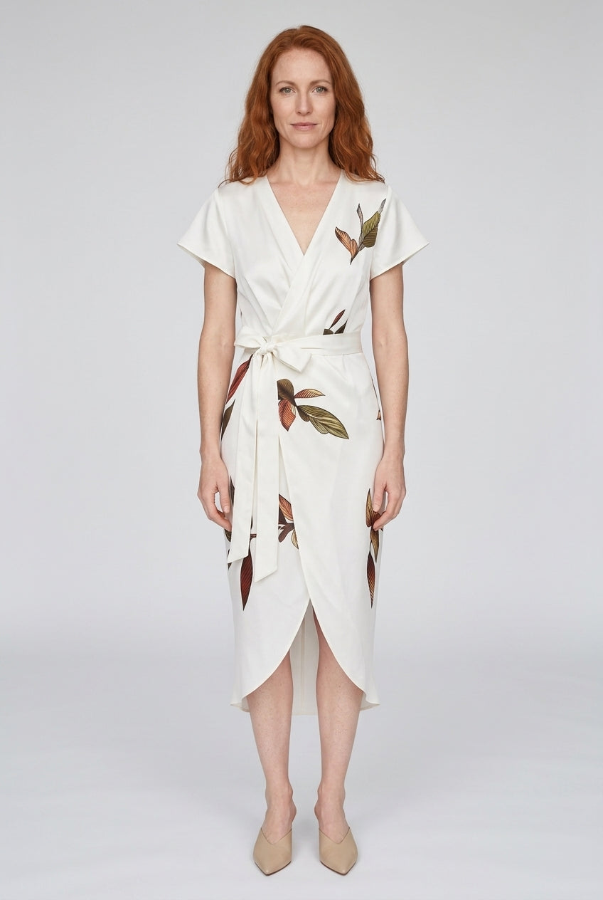 Floral Wrap Midi Dress for Women, Leaf Print A-Line Wrap Neckline, for Brunch, Date Night, Work & Vacation