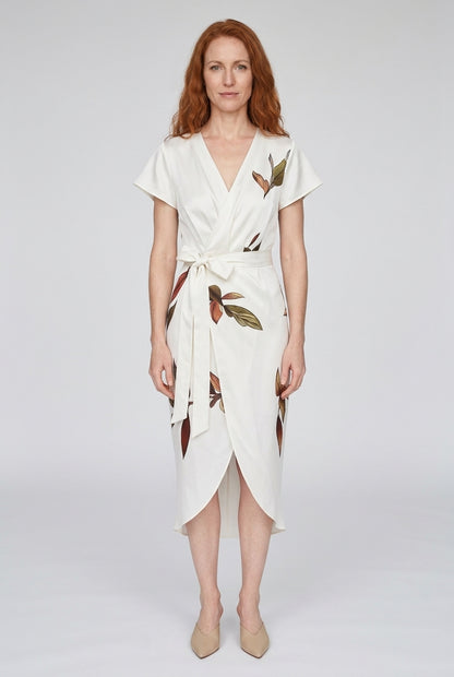 Floral Wrap Midi Dress for Women, Leaf Print A-Line Wrap Neckline, for Brunch, Date Night, Work & Vacation