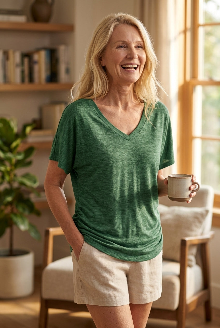 Classic V-Neck Loose Fit Shirt for Women, Batwing Sleeve Relaxed Silhouette, for Casual, Everyday & Versatile Wear