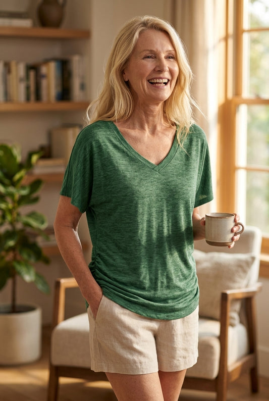 Classic V-Neck Loose Fit Shirt for Women, Batwing Sleeve Relaxed Silhouette, for Casual, Everyday & Versatile Wear